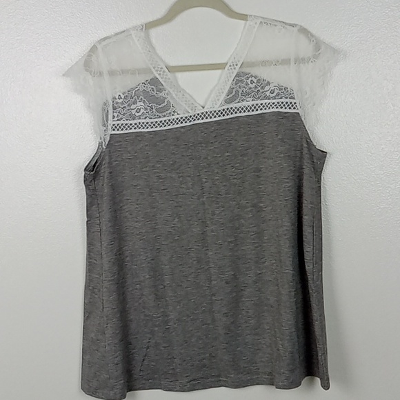 Lace Trim Top Large Gray Cap Sleeve V-neck Athleisure Women's Anyfit Wear - Picture 5 of 6
